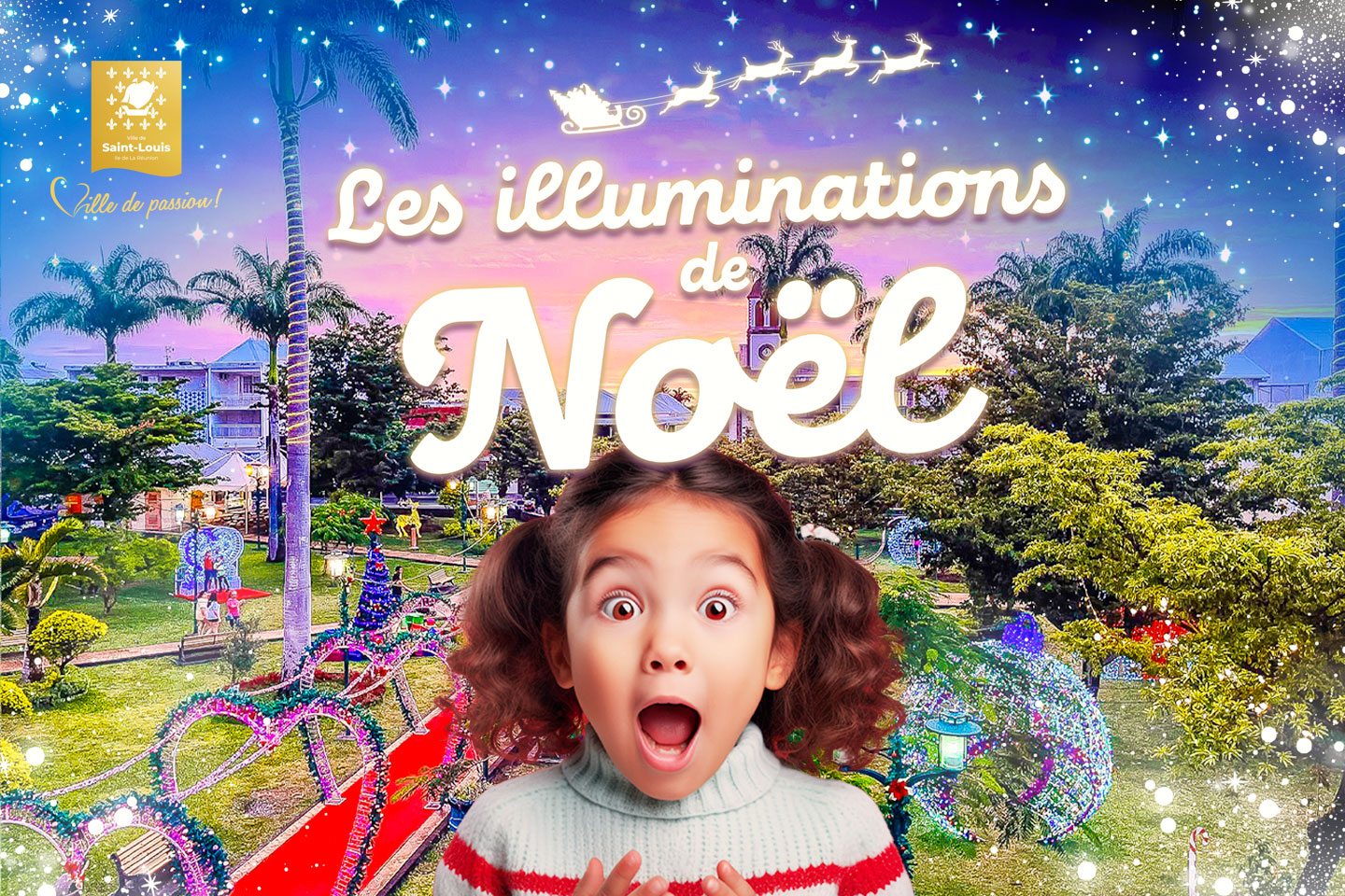 L'image est une affiche publicitaire pour les illuminations de Noël à Saint-Louis, île de la Réunion.  Elle présente une jeune fille émerveillée sur fond d'une place publique magnifiquement décorée pour les fêtes de fin d'année, avec des lumières scintillantes, des sapins de Noël et un chemin rouge menant vers le cœur de la célébration. Le slogan "Les illuminations de Noël" est mis en valeur, en lettres stylisées et lumineuses,  au-dessus de la scène. L'atmosphère générale est festive, joyeuse et chaleureuse.