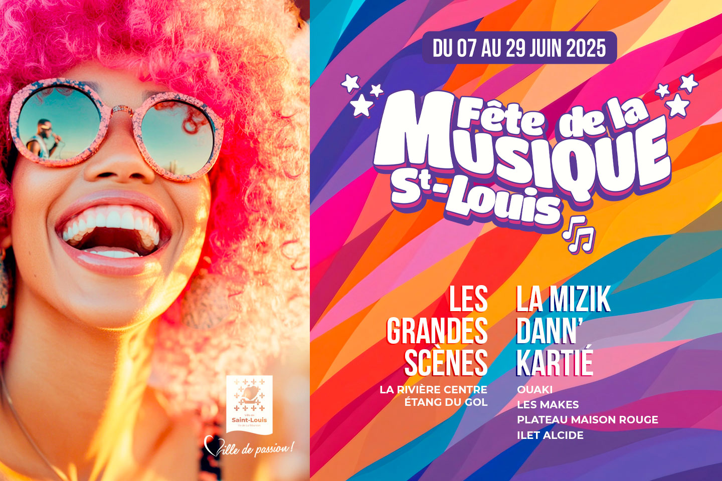 La photo montre une femme souriante à gauche et à droite écrit Fête de la musique Saint-Louis