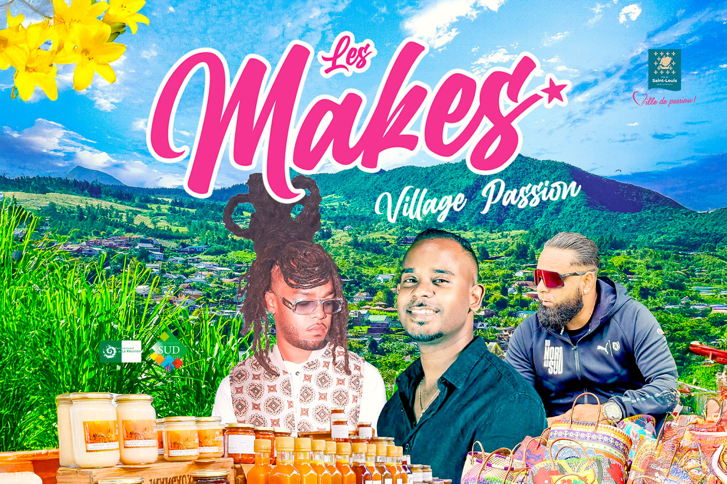 Des artistes en premier plan et en arrière plan le village des Makes