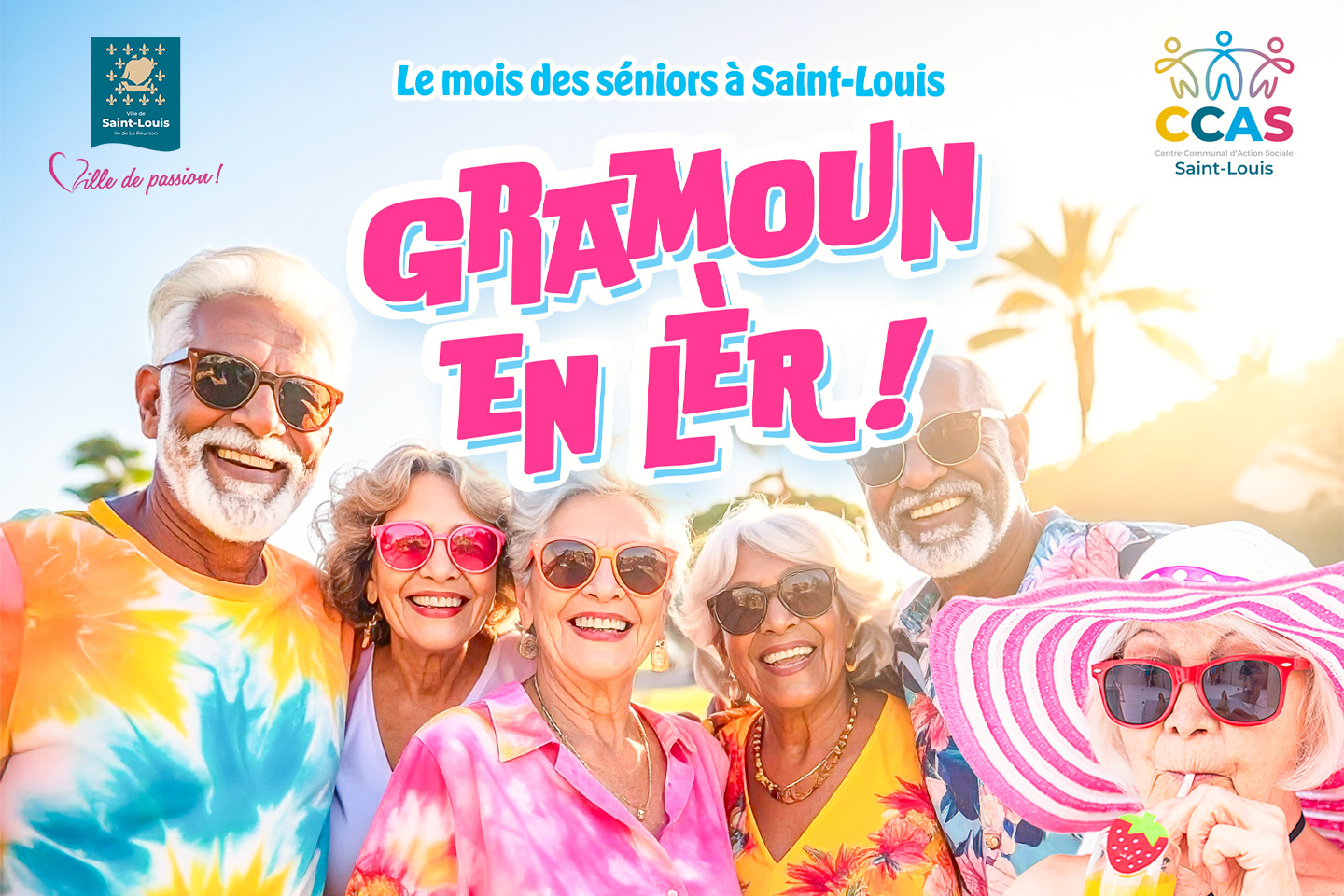 L'image montre des personnes âgées heureux en plein soleil.